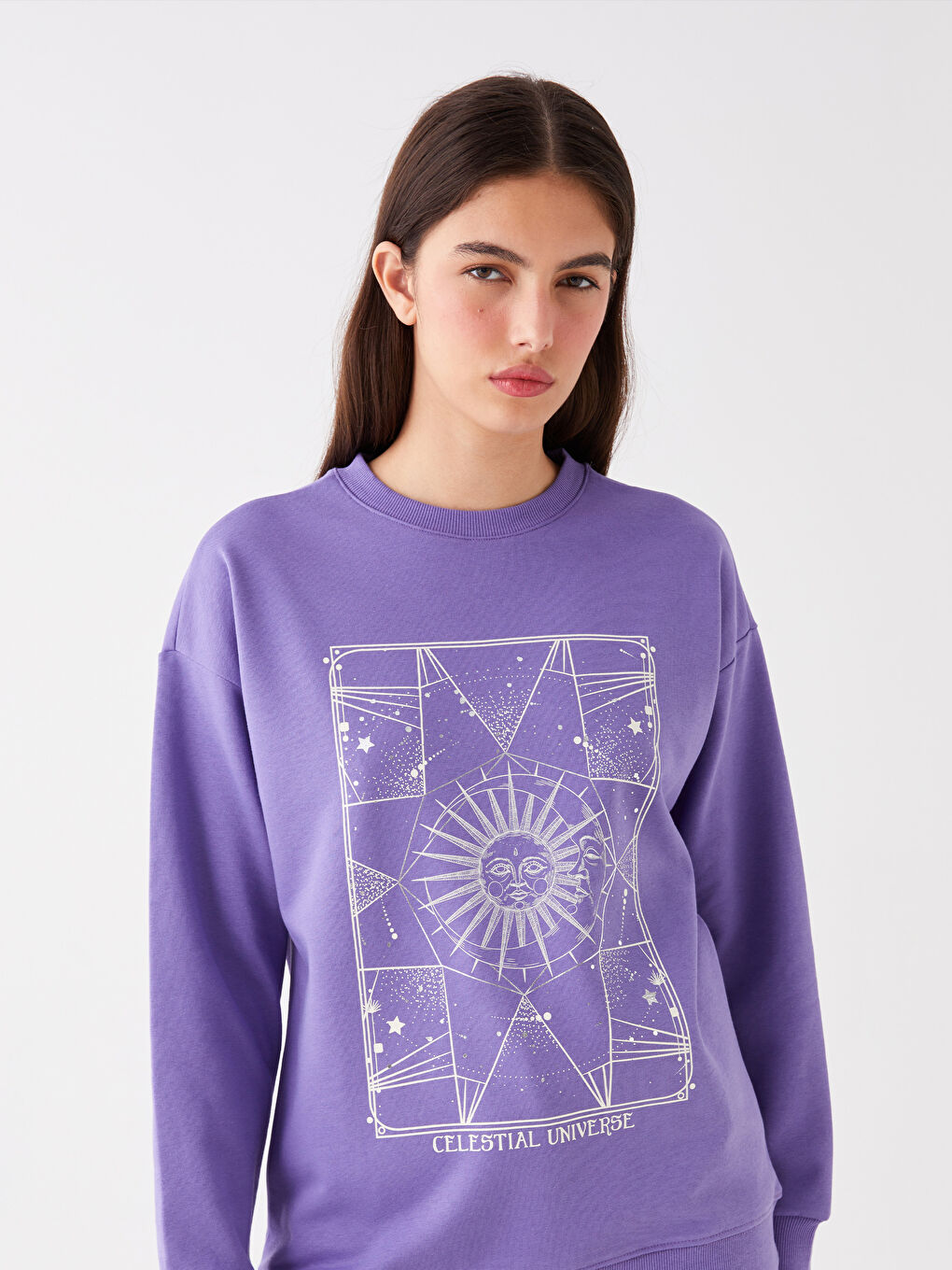 Mor Bisiklet Yaka Baskılı Uzun Kollu Kadın Sweatshirt