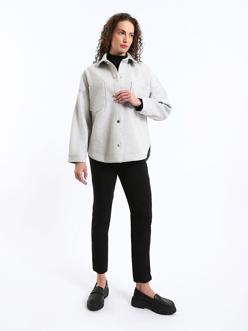 Plain Long Sleeve Oversize Women's Flannel Shirt Jacket-1