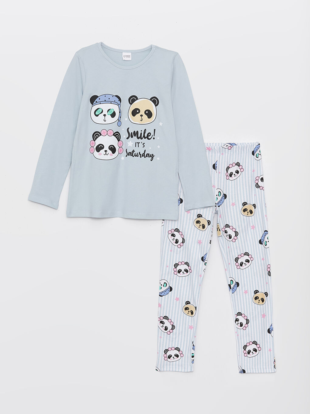 LCW Kids Mavi Bisiklet Yaka Baskılı Uzun Kollu Kız Çocuk Pijama Takımı