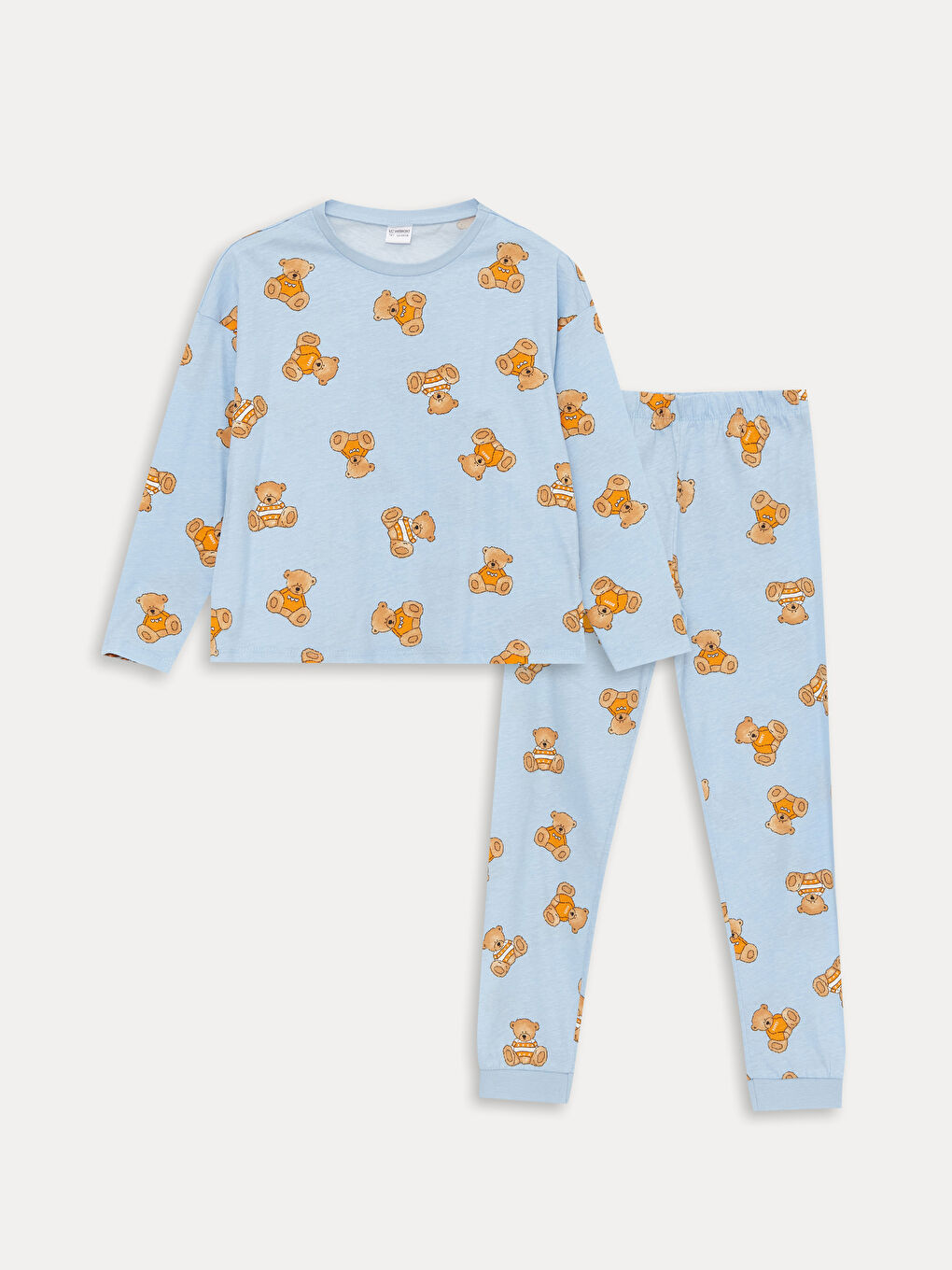 LCW Kids Mavi Bisiklet Yaka Baskılı Uzun Kollu Kız Çocuk Pijama Takımı