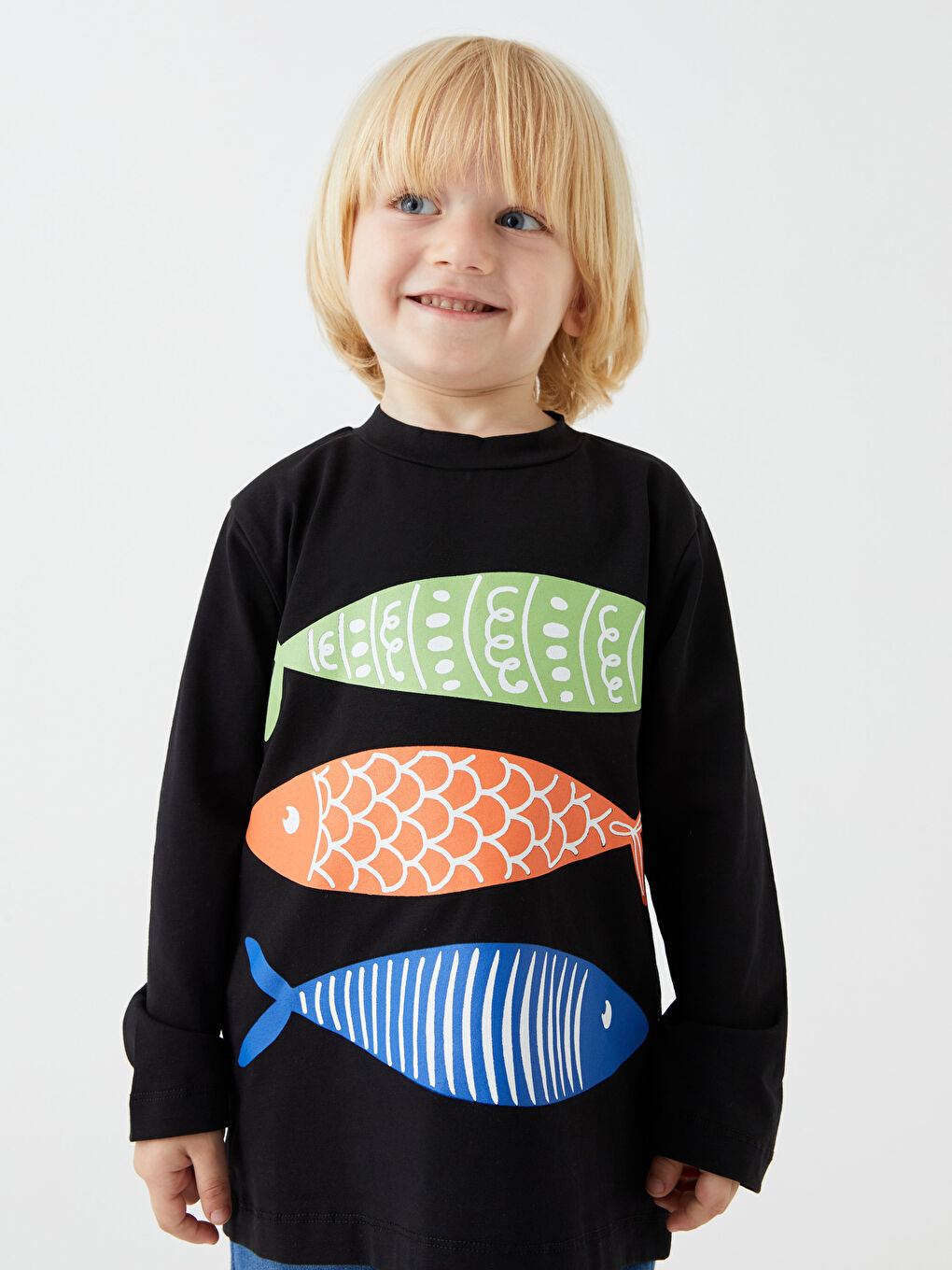 Siyah Bisiklet Yaka Uzun Kollu Baskılı Erkek Bebek Tişört