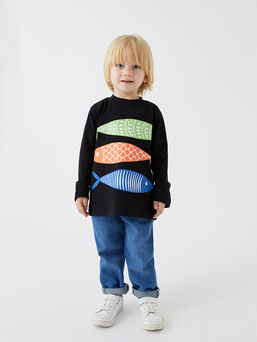 Siyah Bisiklet Yaka Uzun Kollu Baskılı Erkek Bebek Tişört-1