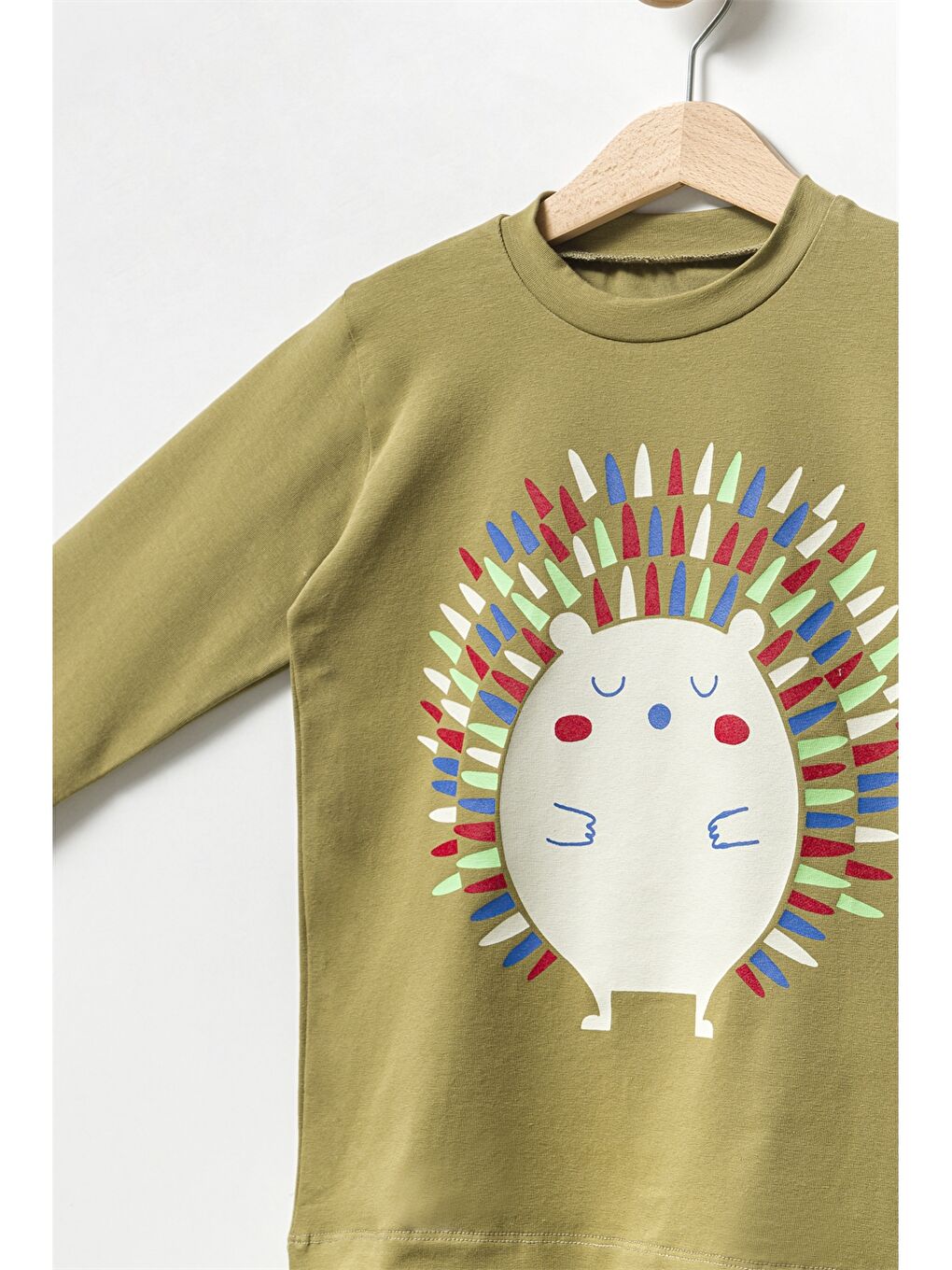 Haki Bisiklet Yaka Uzun Kollu Baskılı Erkek Bebek Tişört-2