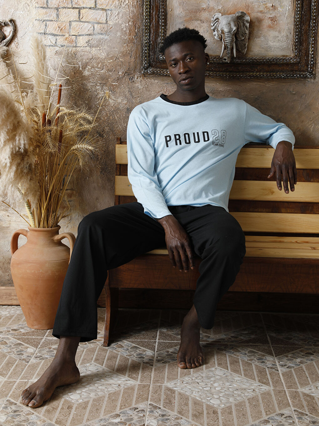 Mavi Standart Kalıp Erkek Pijama Takımı-1