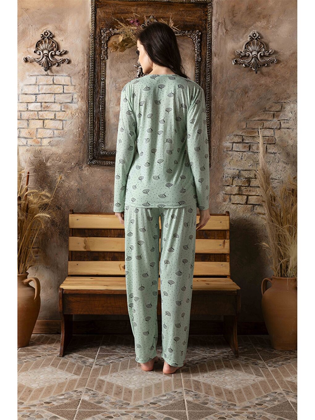 Yeşil Bisiklet Yaka Baskılı Kadın Pijama Takımı-1