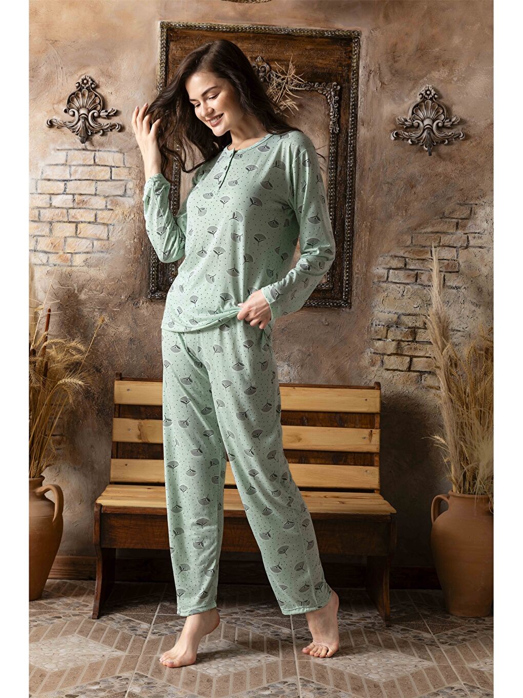 Yeşil Bisiklet Yaka Baskılı Kadın Pijama Takımı-2