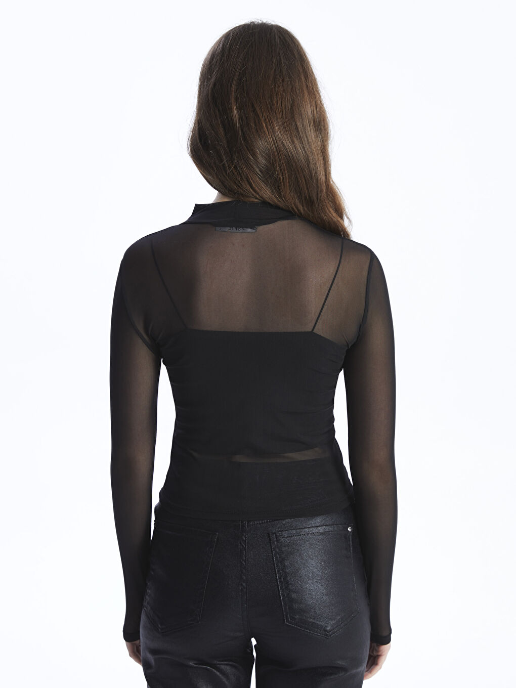 Siyah Yarım Balıkçı Yaka Puantiyeli Uzun Kollu Kadın Bluz-4