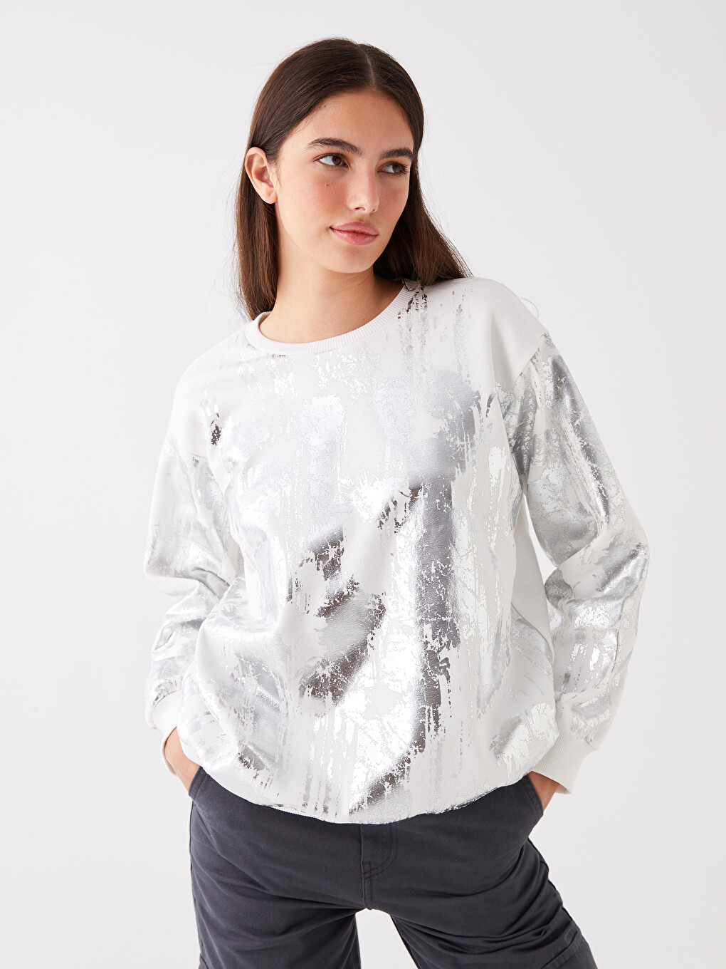 Crew Neck Printed Oversize Women's Thick Sweatshirt