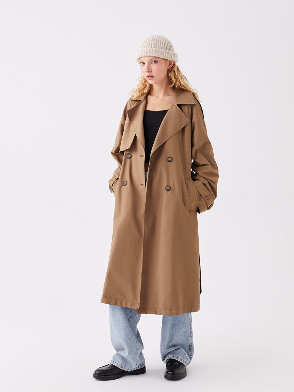 Haki Kadın Kruvaze Yaka Düz Trençkot