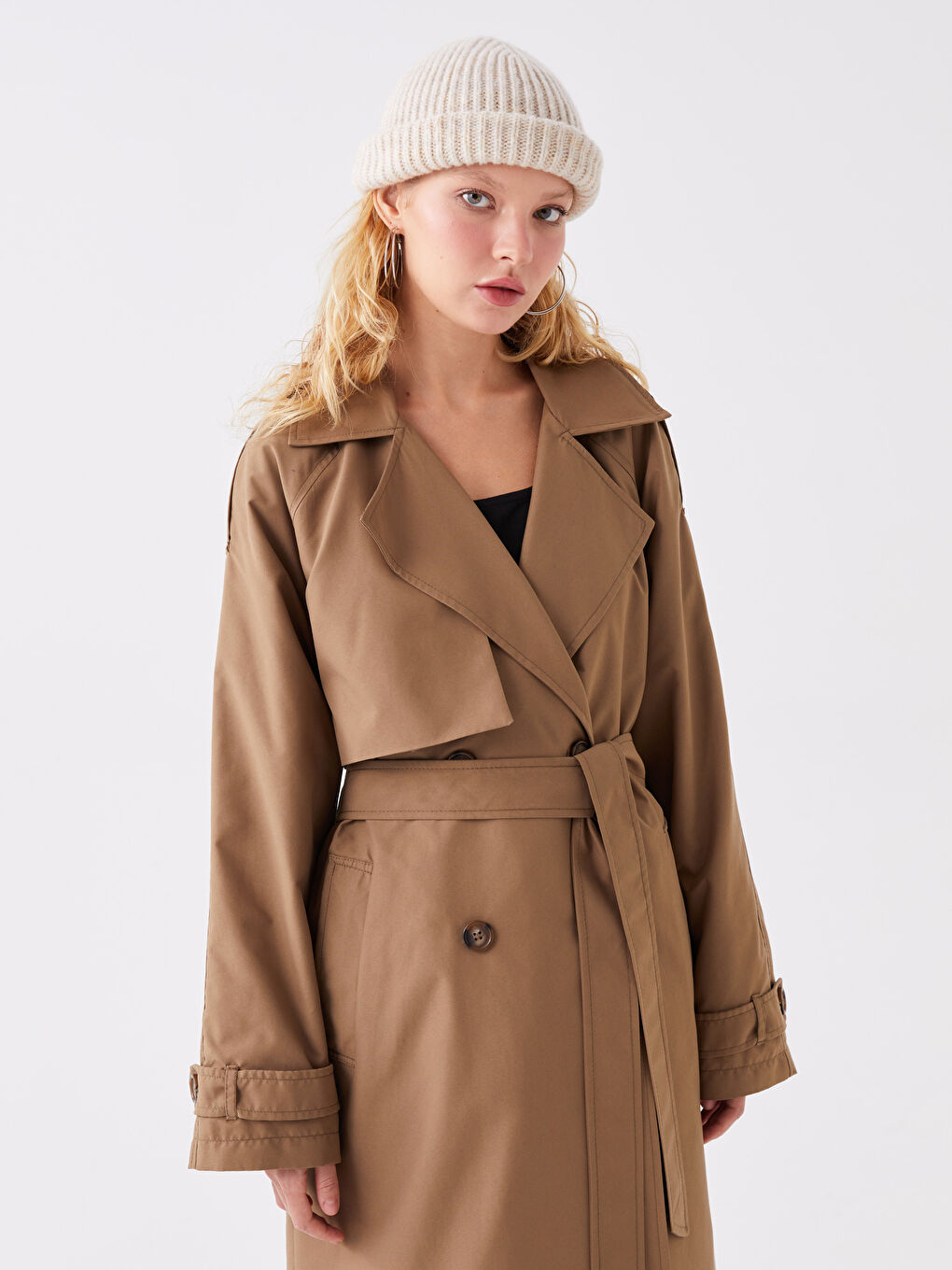 Haki Kadın Kruvaze Yaka Düz Trençkot-2