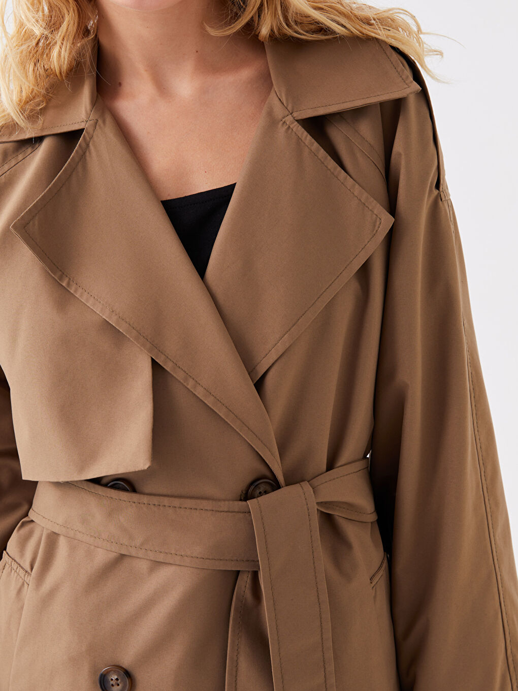 Haki Kadın Kruvaze Yaka Düz Trençkot-3