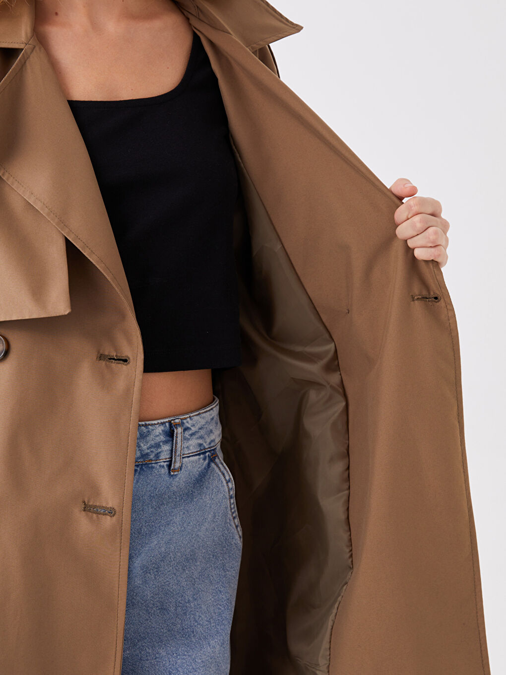 Haki Kadın Kruvaze Yaka Düz Trençkot-4