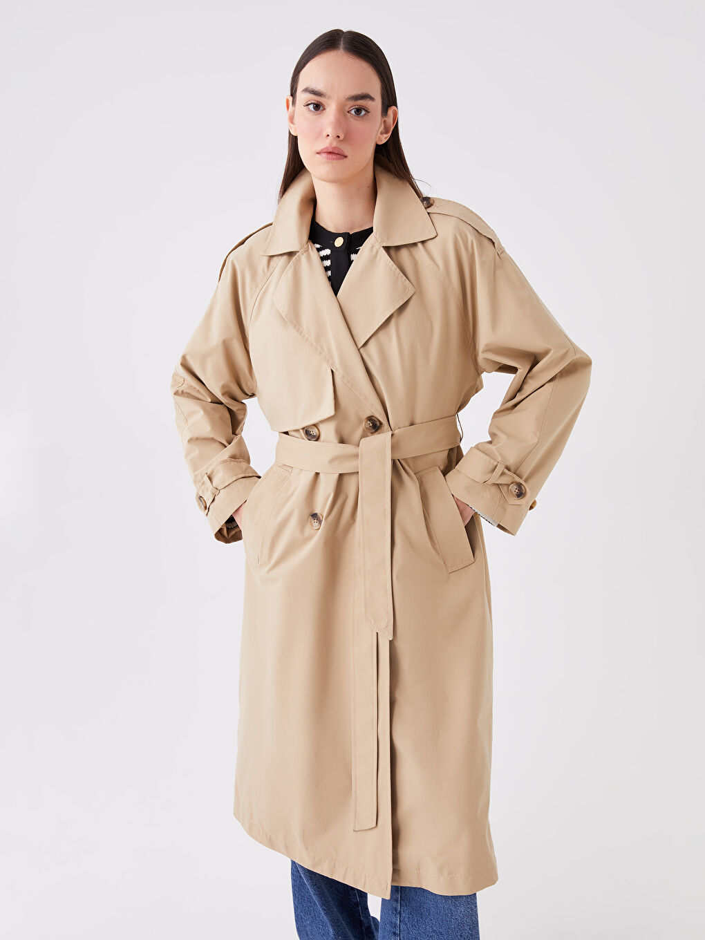 Bej Kadın Kruvaze Yaka Düz Trençkot