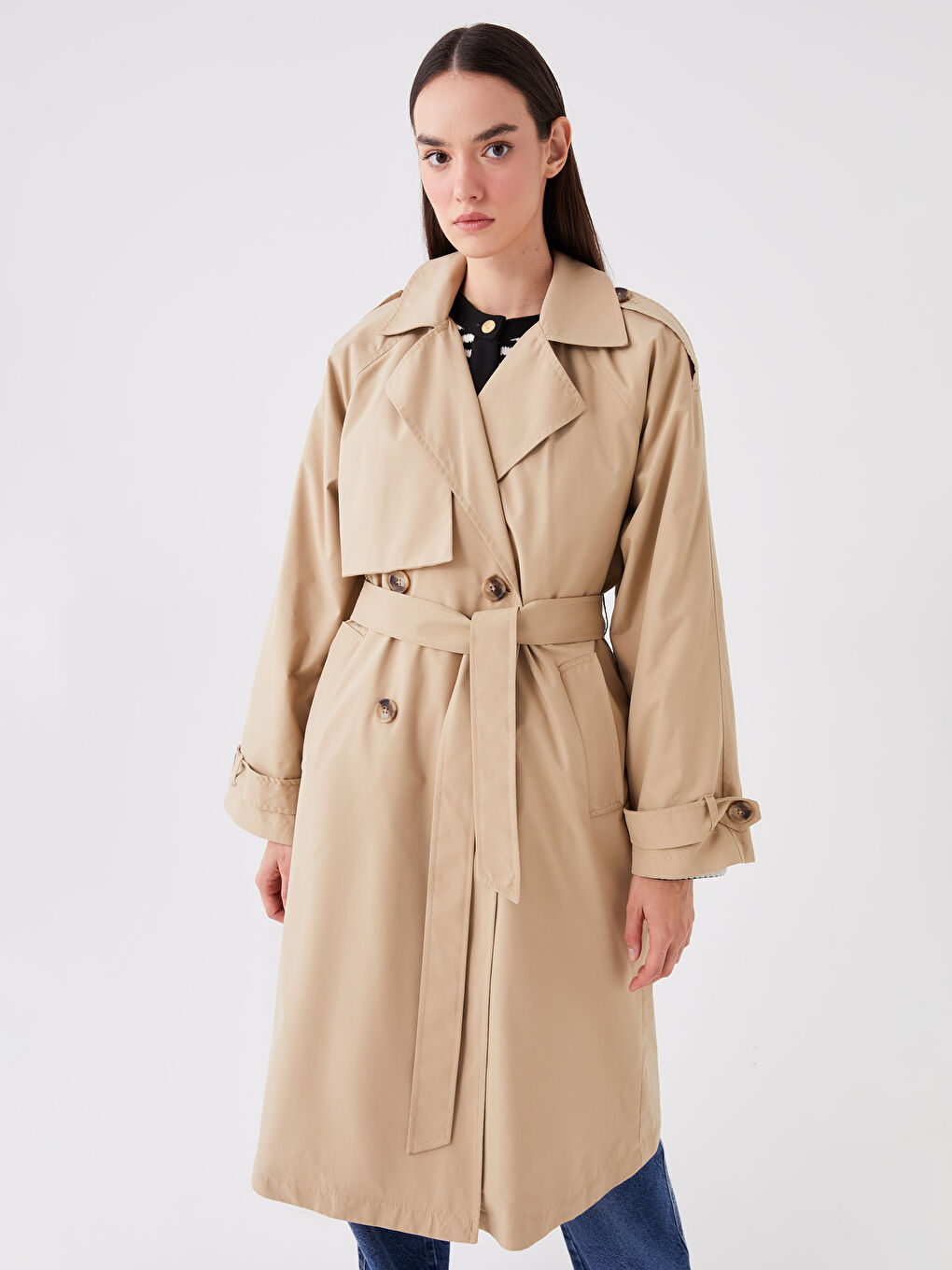Bej Kadın Kruvaze Yaka Düz Trençkot-1