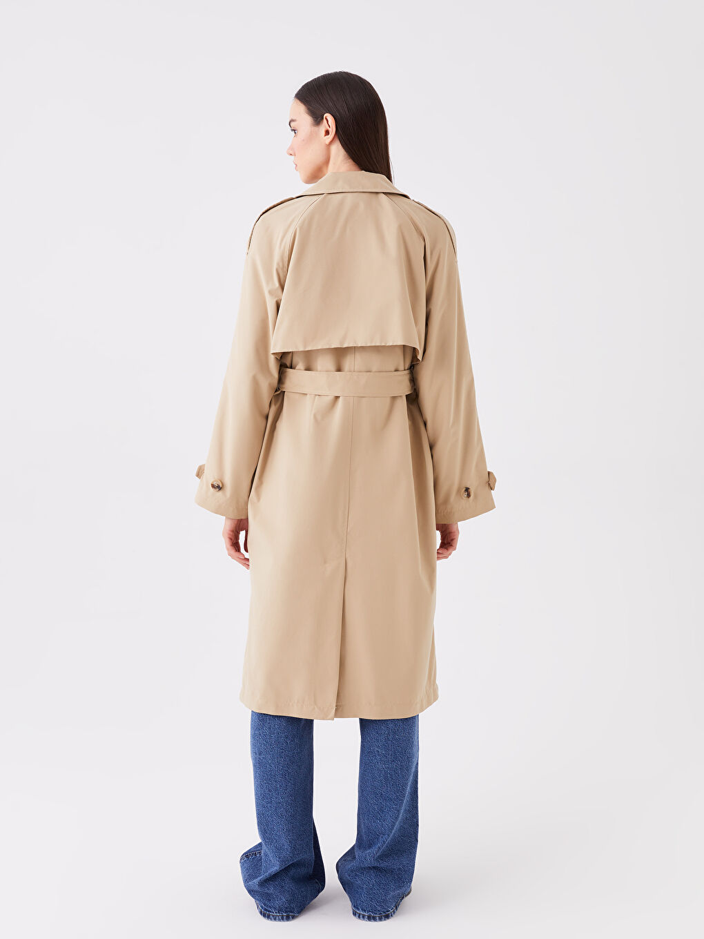 Bej Kadın Kruvaze Yaka Düz Trençkot-4