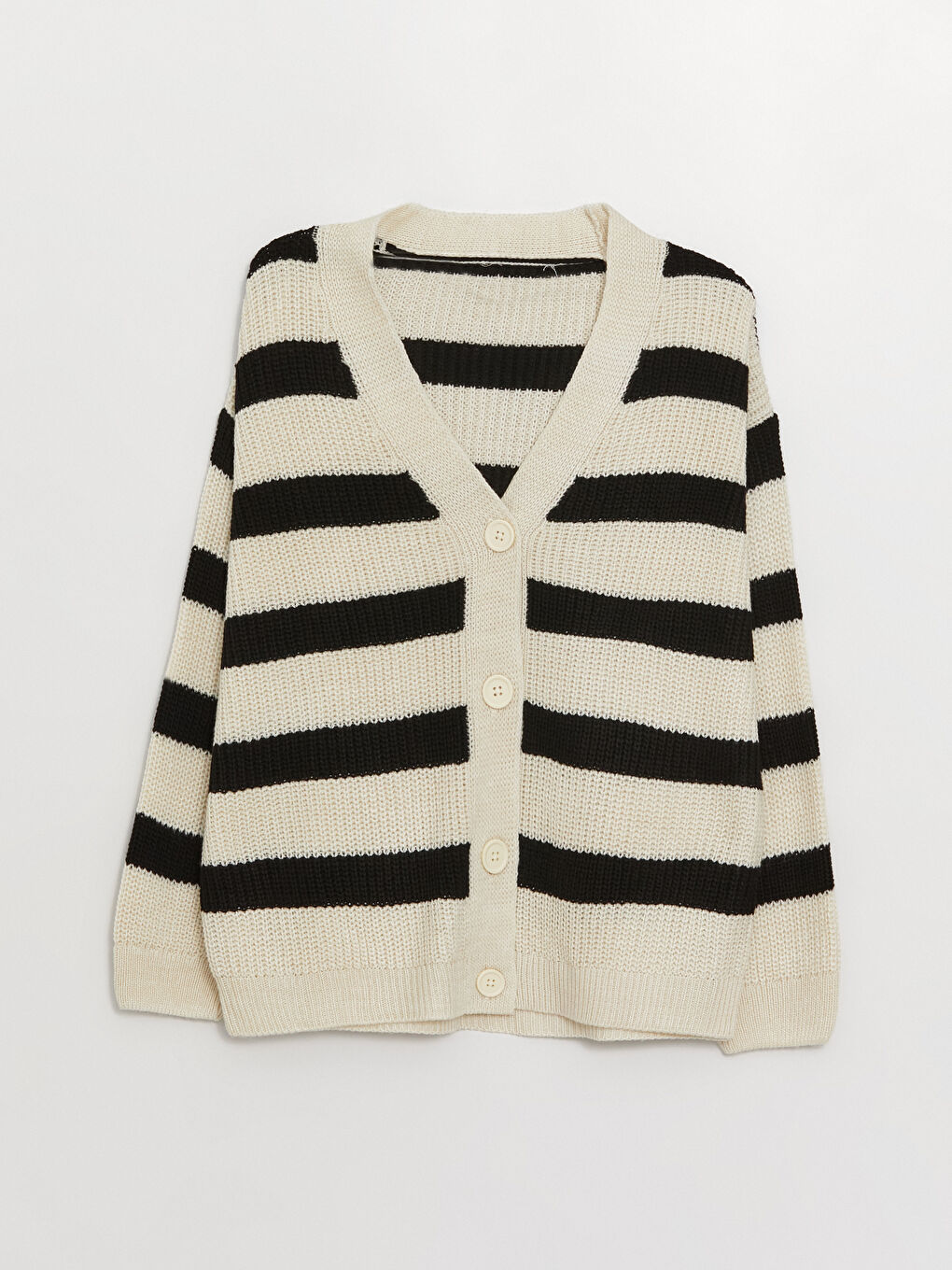 Ekru V Yaka Renk Bloklu Uzun Kollu Kadın Triko Hırka-5