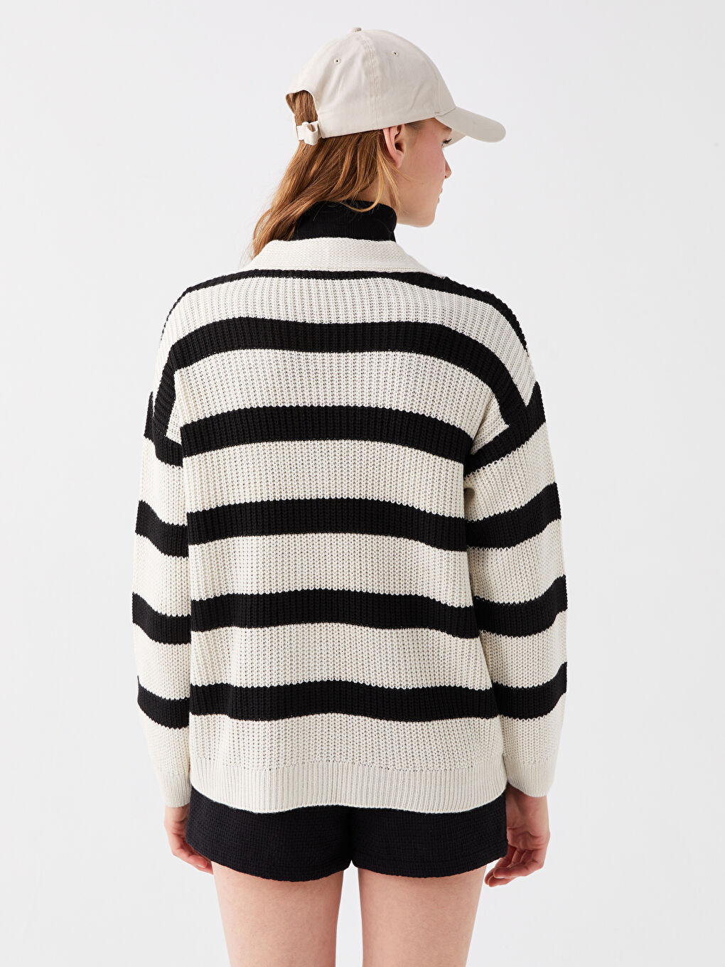 Ekru V Yaka Renk Bloklu Uzun Kollu Kadın Triko Hırka-4