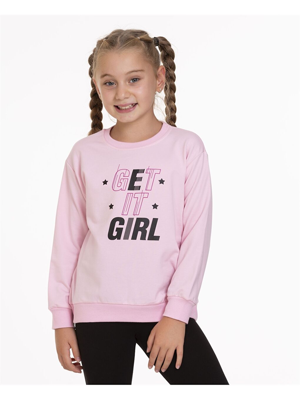 Myhanne Pudra Pembe Bisiklet Yaka Baskılı Uzun Kollu Kız Çocuk Sweatshirt - 1