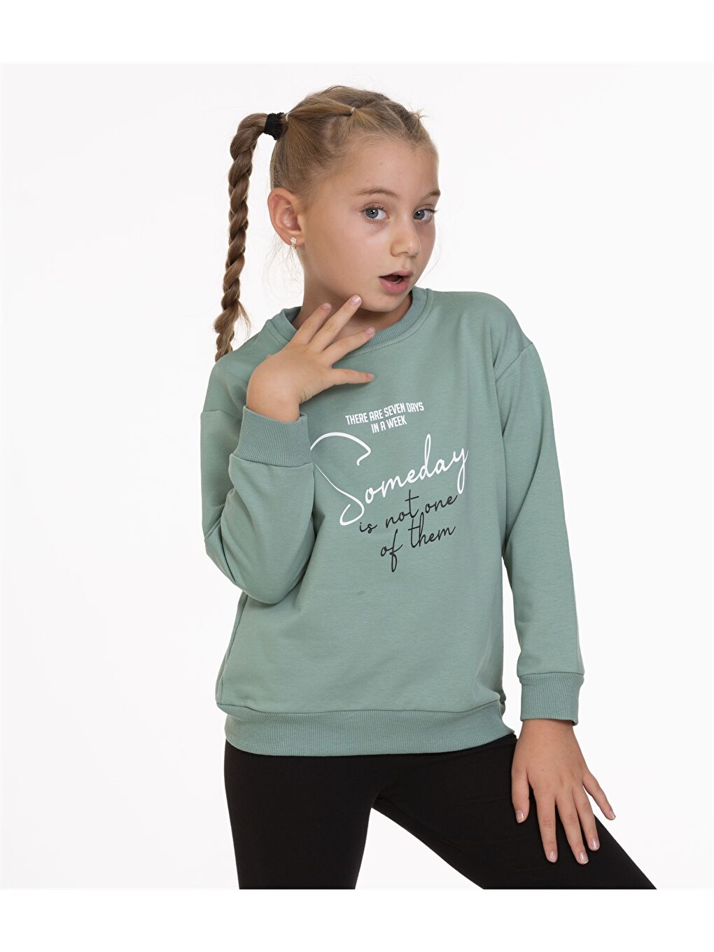 Myhanne Yeşil Bisiklet Yaka Baskılı Uzun Kollu Kız Çocuk Sweatshirt - 1