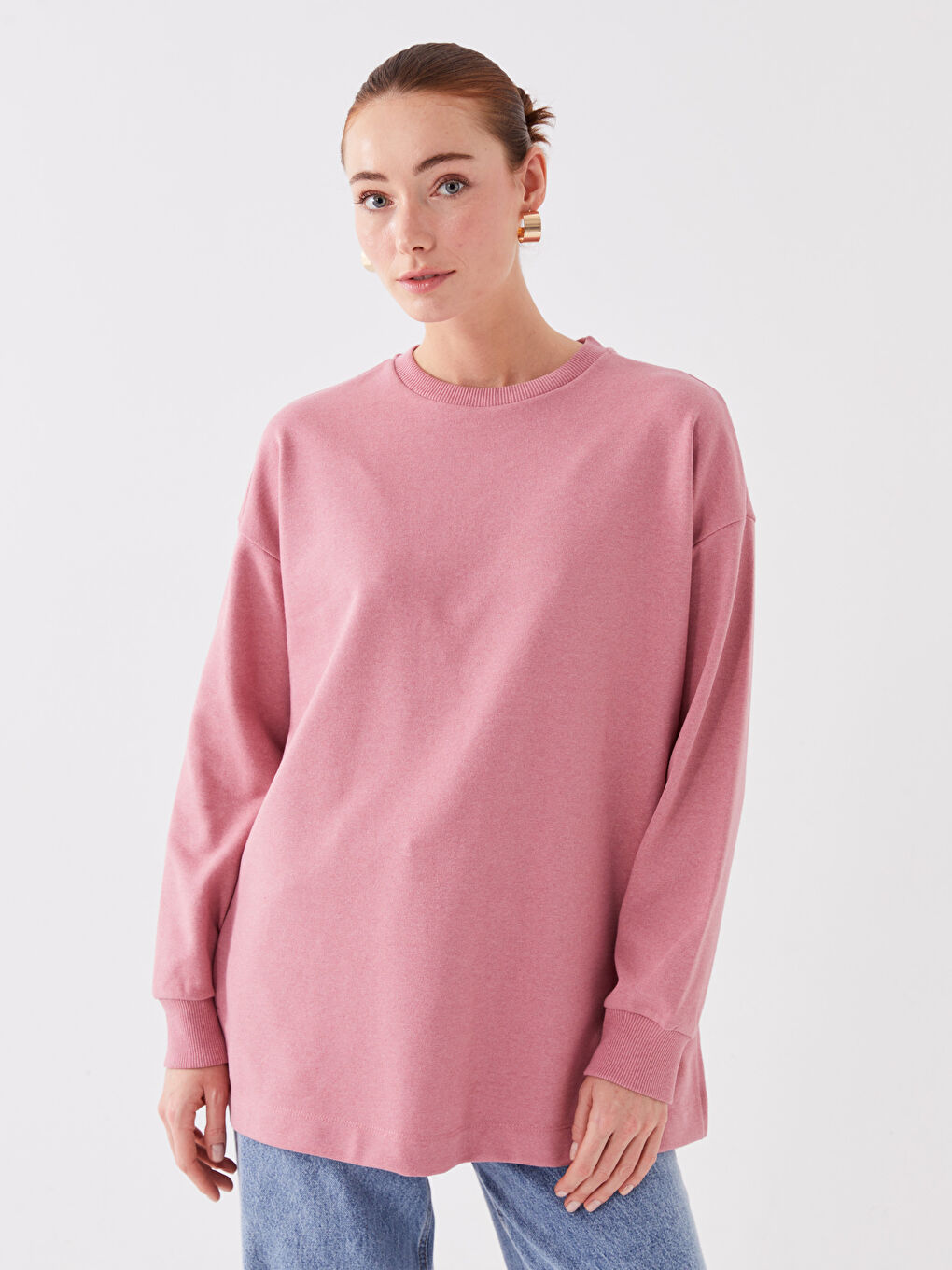 LCWAIKIKI Basic Mat Pembe Bisiklet Yaka Düz Uzun Kollu Oversize Kadın Tunik