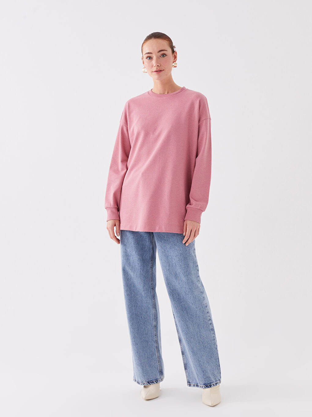 LCWAIKIKI Basic Mat Pembe Bisiklet Yaka Düz Uzun Kollu Oversize Kadın Tunik - 2