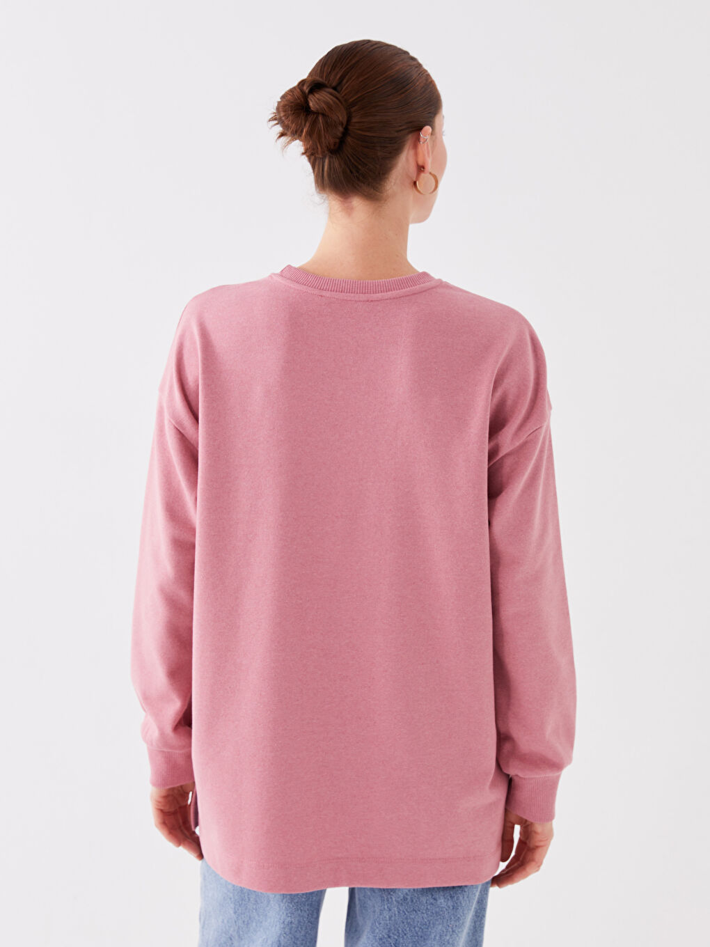 LCWAIKIKI Basic Mat Pembe Bisiklet Yaka Düz Uzun Kollu Oversize Kadın Tunik - 4