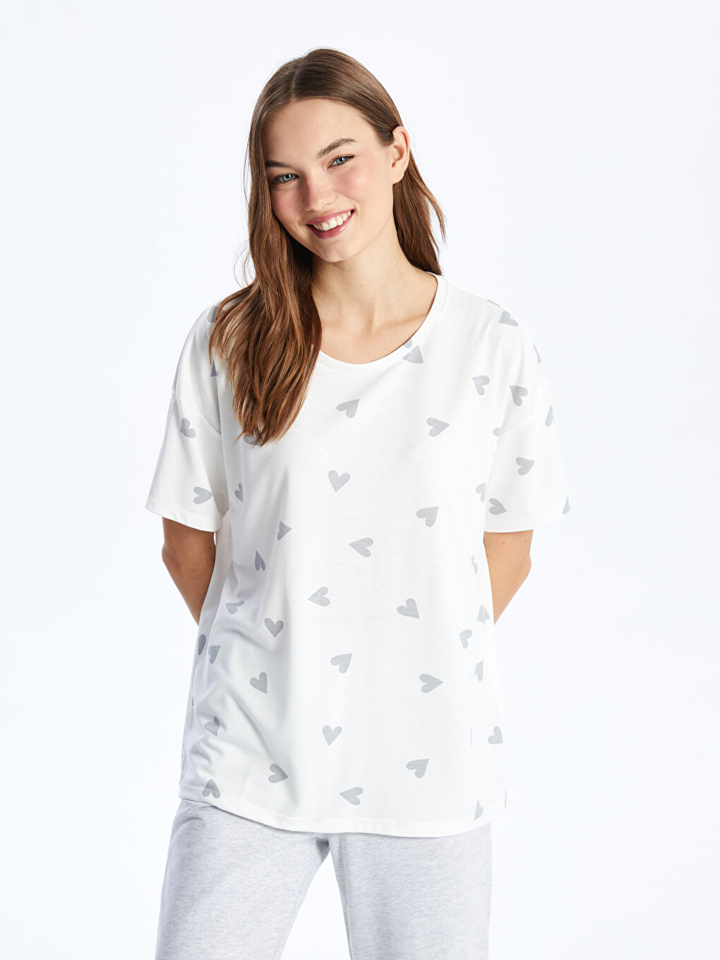 Beyaz Bisiklet Yaka Baskılı Kısa Kollu Kadın Pijama Üst