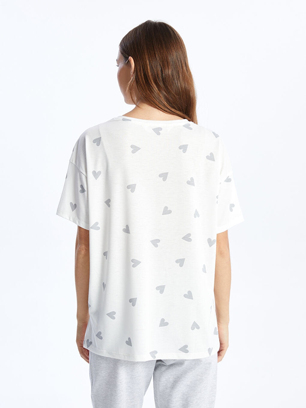 Beyaz Bisiklet Yaka Baskılı Kısa Kollu Kadın Pijama Üst-3