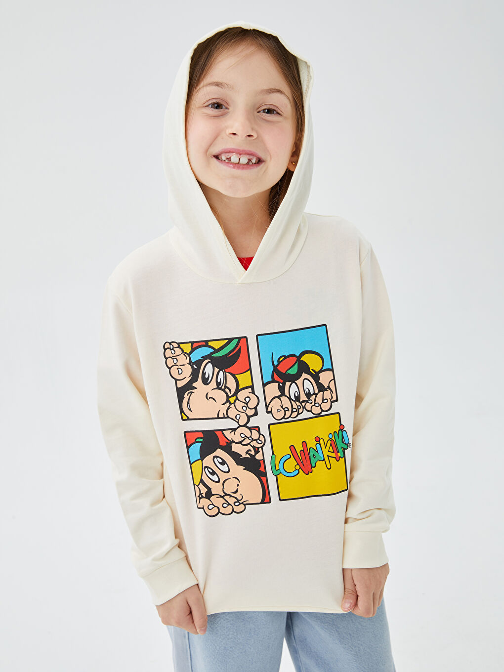 LCW Kids Krem Rengi Kapüşonlu Nostaljik Maymun Baskılı Uzun Kollu Unisex Çocuk Sweatshirt - 1