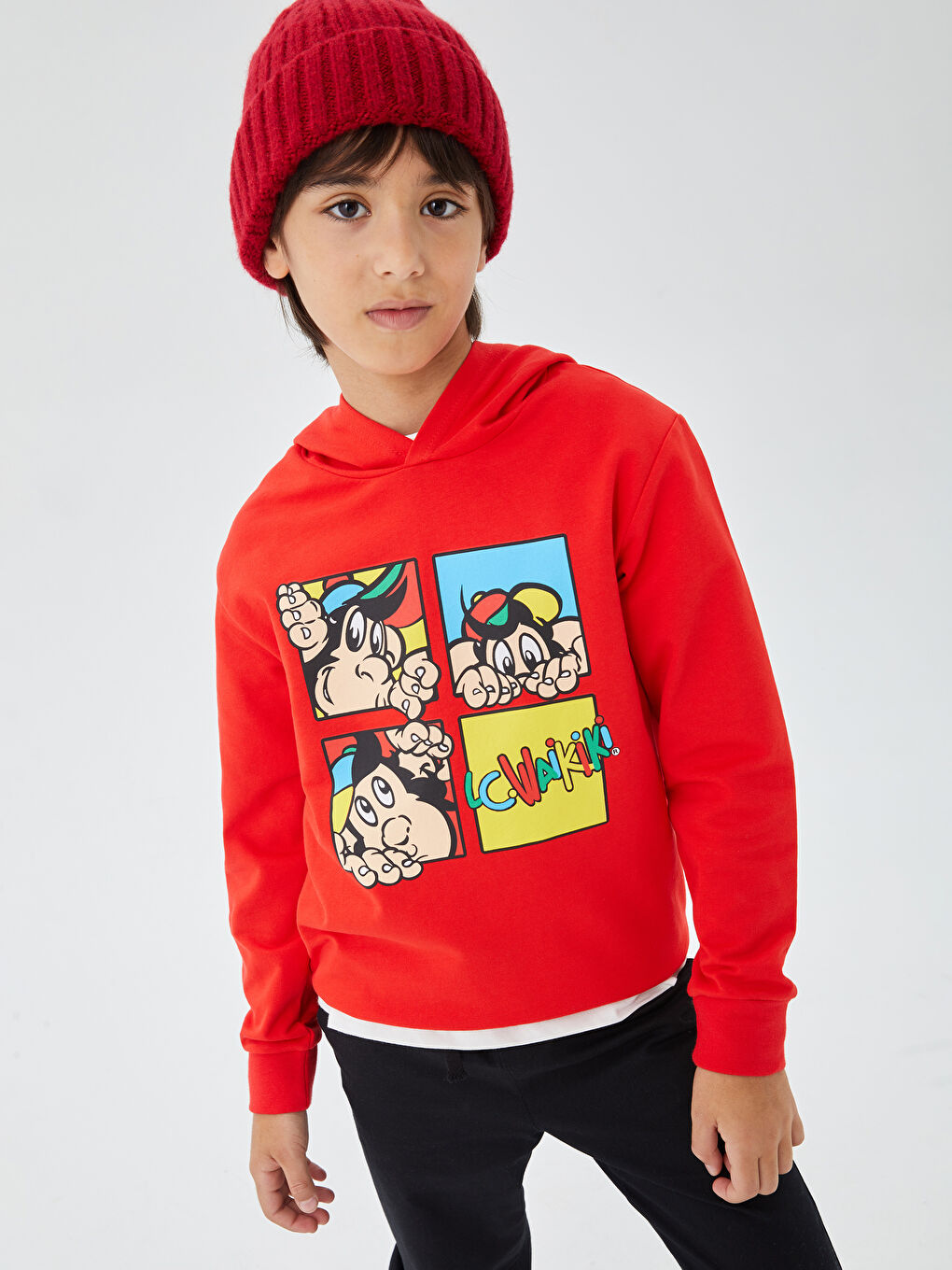 LCW Kids Kırmızı Kapüşonlu Nostaljik Maymun Baskılı Uzun Kollu Unisex Çocuk Sweatshirt - 3