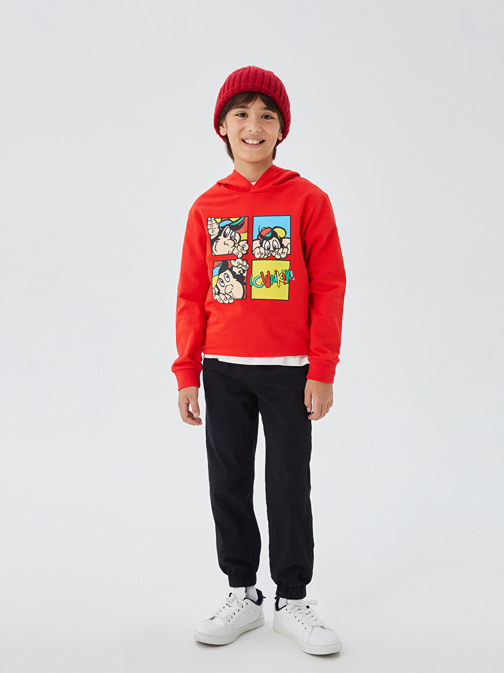 LCW Kids Kırmızı Kapüşonlu Nostaljik Maymun Baskılı Uzun Kollu Unisex Çocuk Sweatshirt - 4