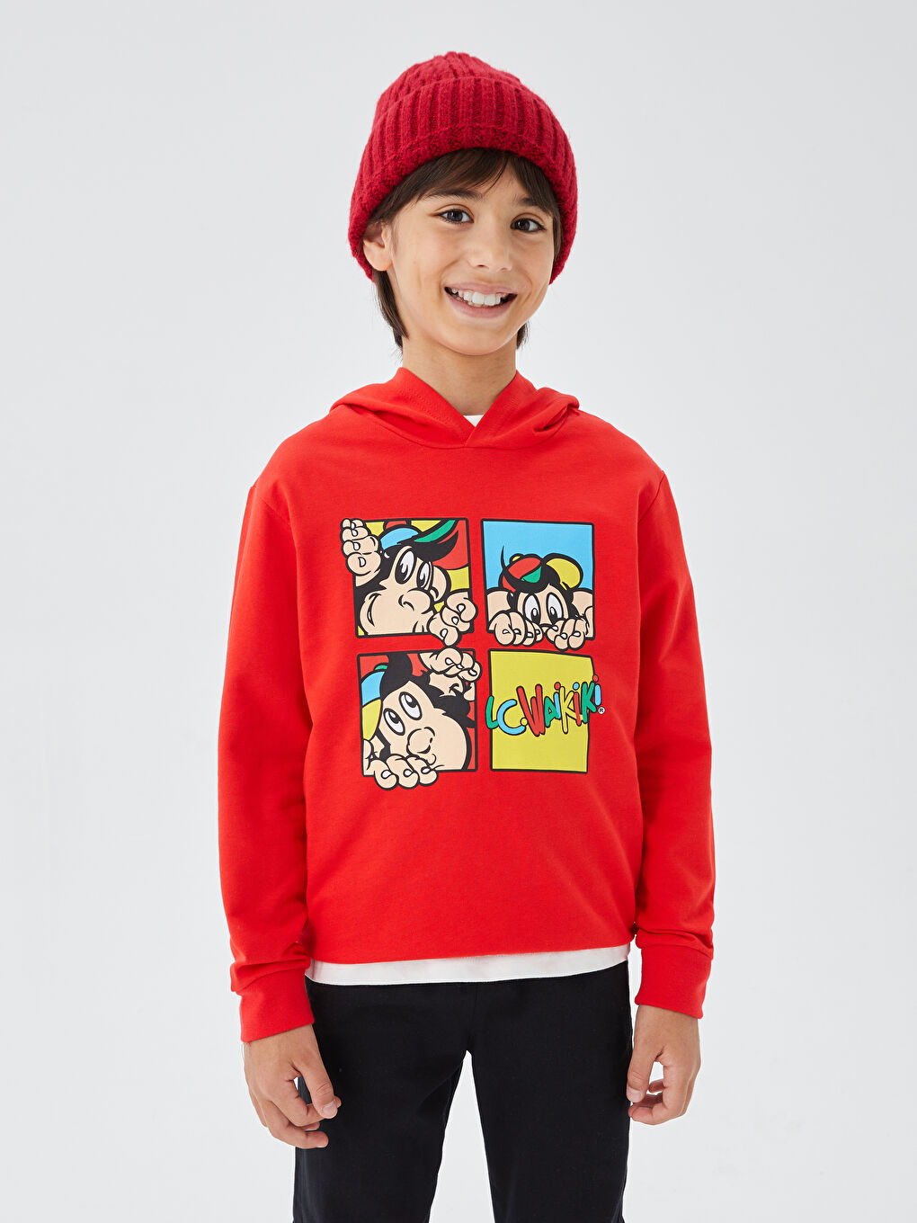 LCW Kids Kırmızı Kapüşonlu Nostaljik Maymun Baskılı Uzun Kollu Unisex Çocuk Sweatshirt - 6