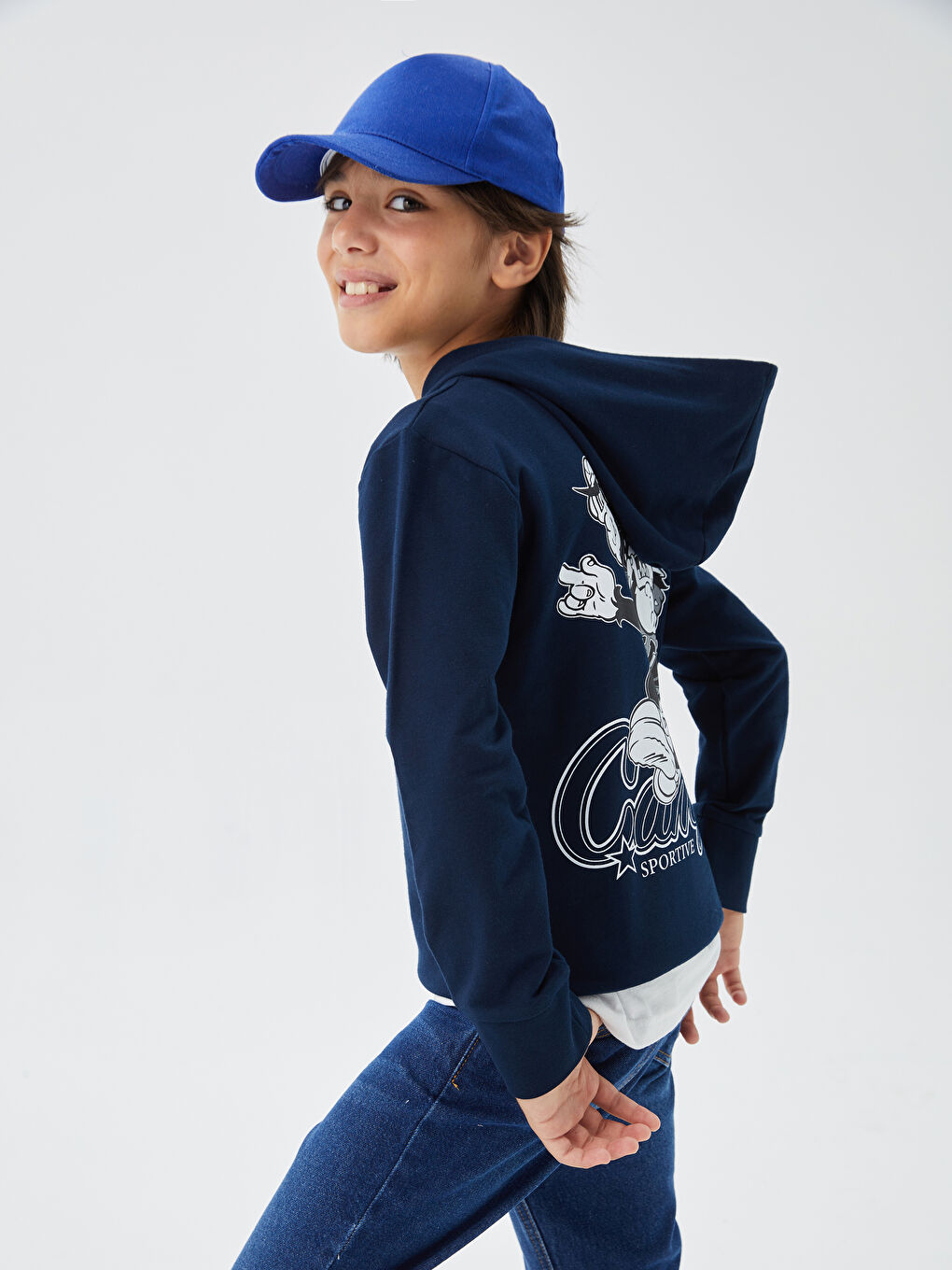 LCW Kids Yeni Lacivert Nostaljik Maymun Baskılı Uzun Kollu Erkek Çocuk Hoodie - 1