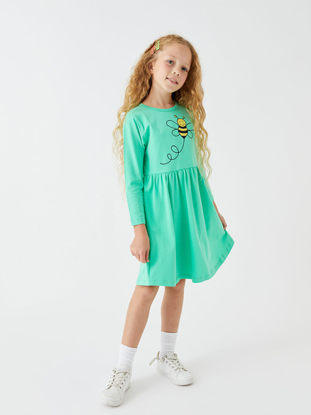 Yeşil Bisiklet Yaka Desenli Uzun Kollu Kız Çocuk Elbise