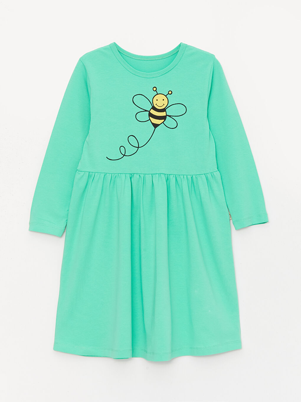 Yeşil Bisiklet Yaka Desenli Uzun Kollu Kız Çocuk Elbise-2