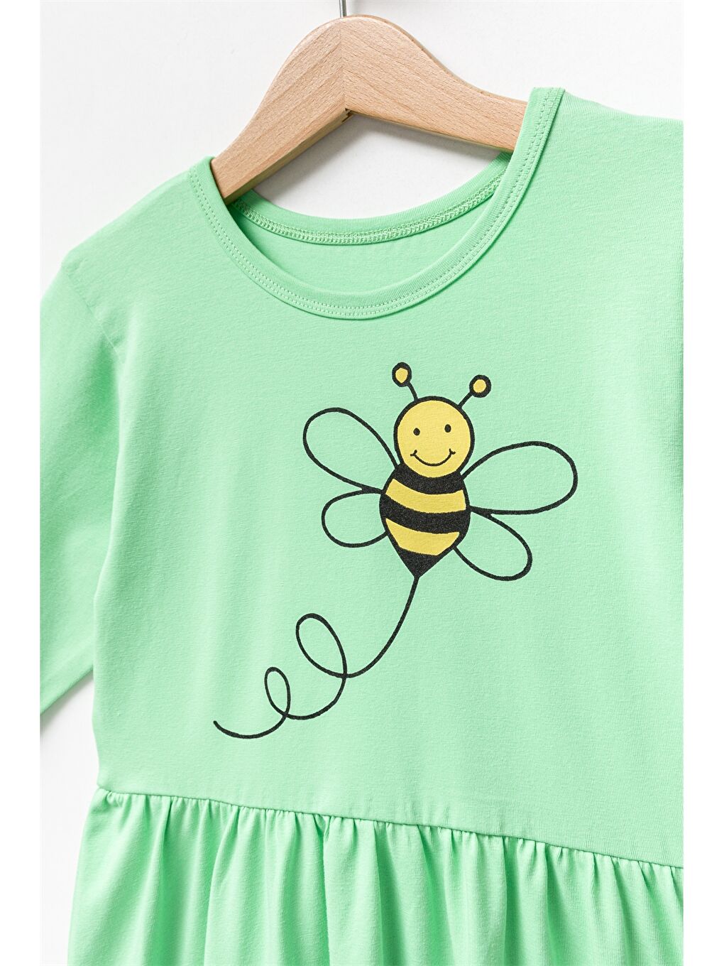 Yeşil Bisiklet Yaka Desenli Uzun Kollu Kız Çocuk Elbise-6