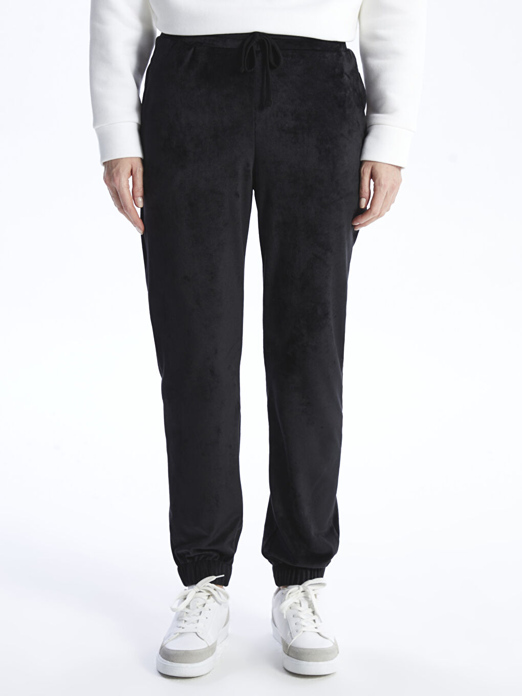 Siyah Beli Lastikli Düz Kadife Kadın Jogger Eşofman Altı-2