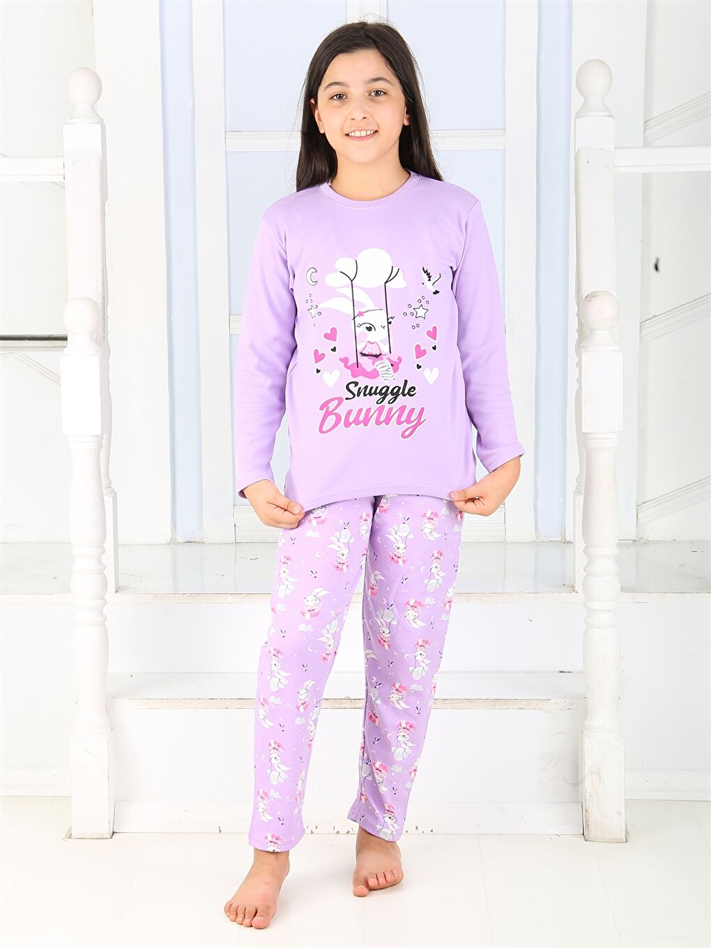 Vitmo Lila Bisiklet Yaka Desenli Uzun Kollu Kız Çocuk Pijama Takımı - 1