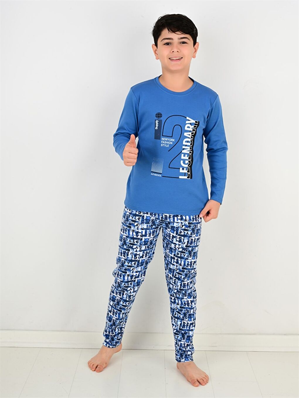 İndigo Bisiklet Yaka Baskılı Uzun Kollu Erkek Çocuk Pijama Takımı