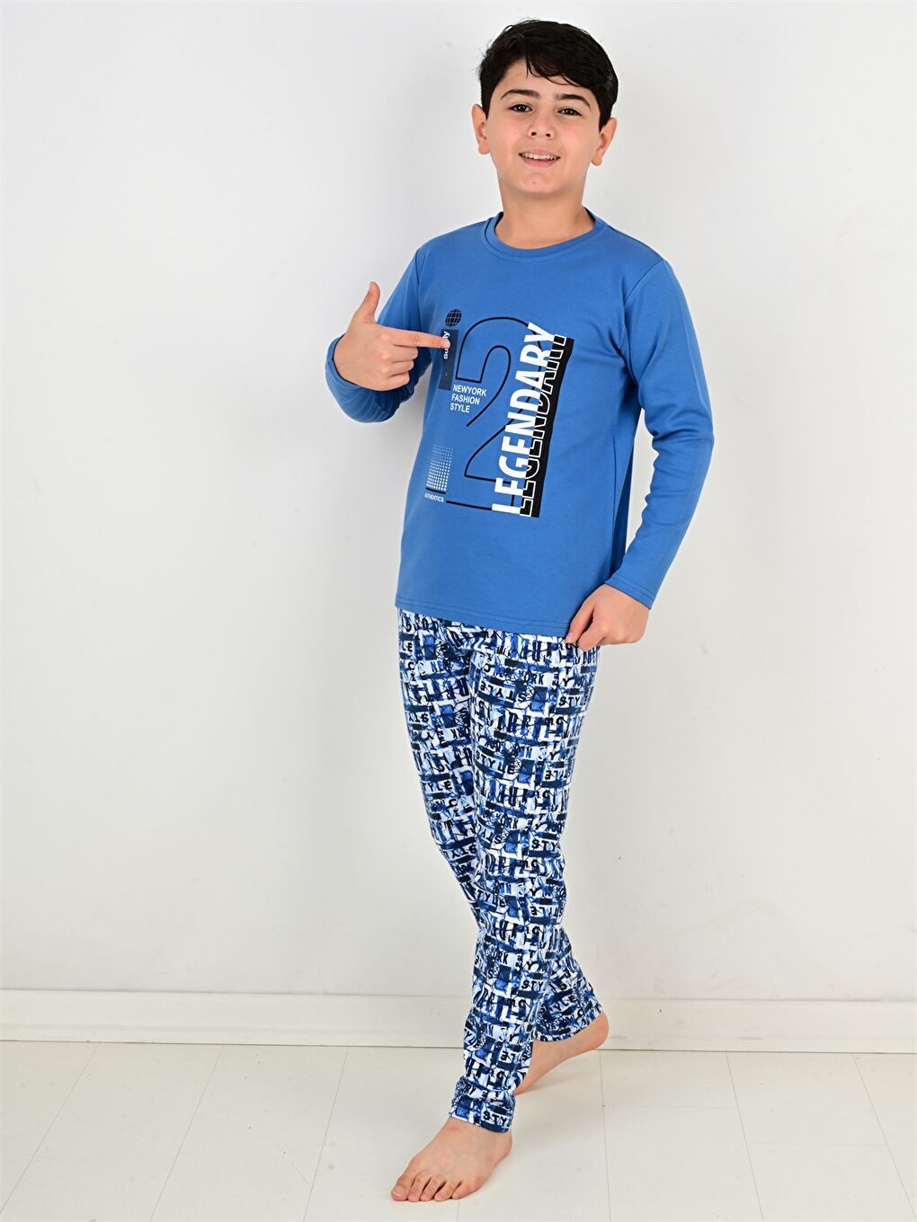 İndigo Bisiklet Yaka Baskılı Uzun Kollu Erkek Çocuk Pijama Takımı-2