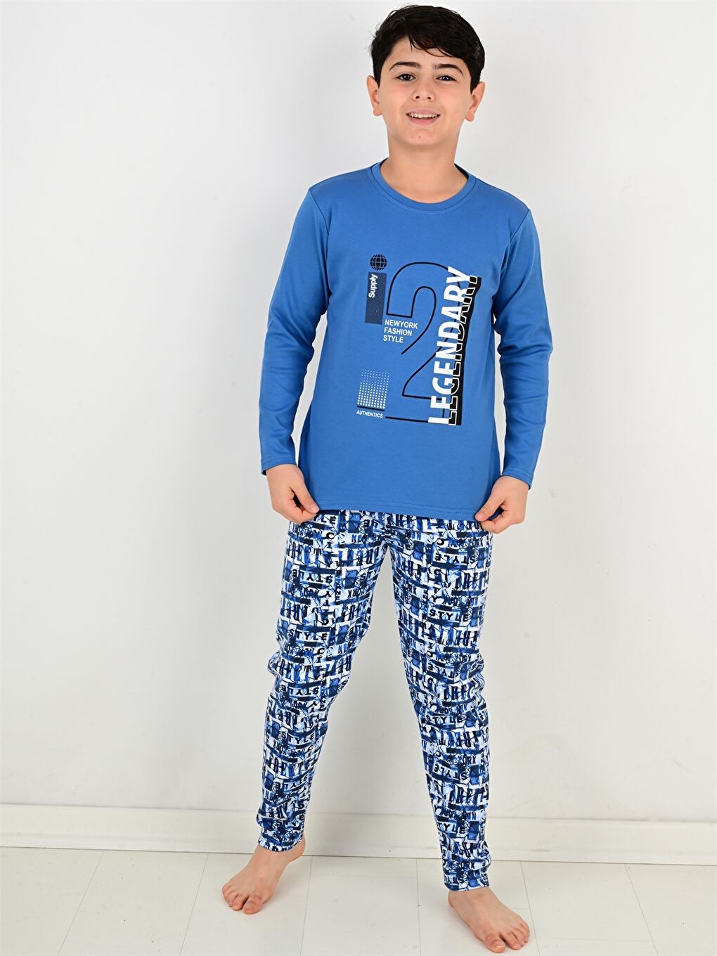 İndigo Bisiklet Yaka Baskılı Uzun Kollu Erkek Çocuk Pijama Takımı-3