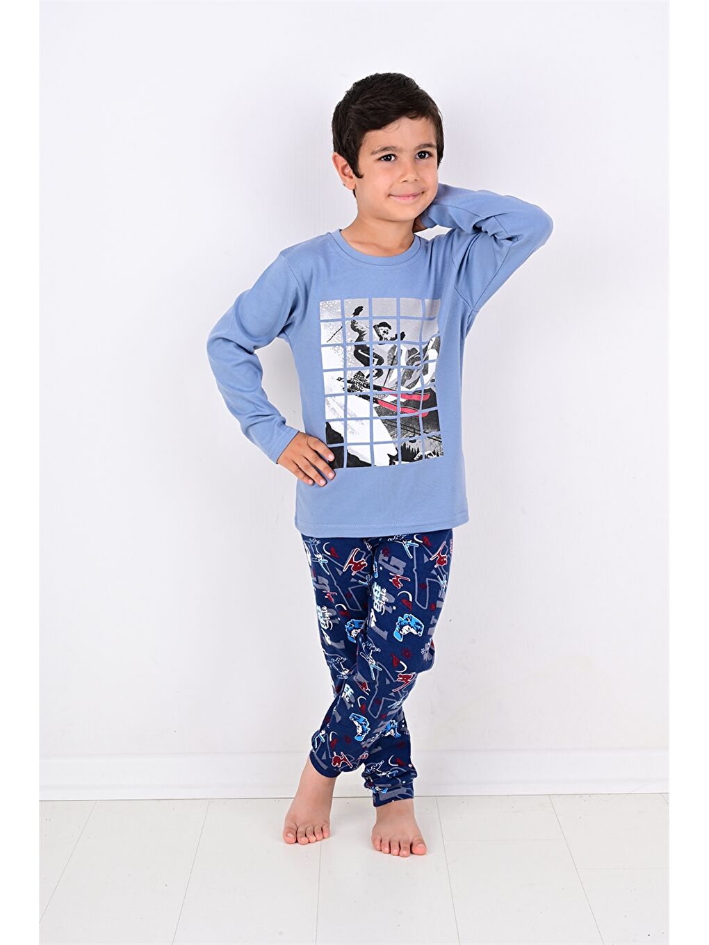 Mavi Bisiklet Yaka Baskılı Uzun Kollu Erkek Çocuk Pijama Takımı