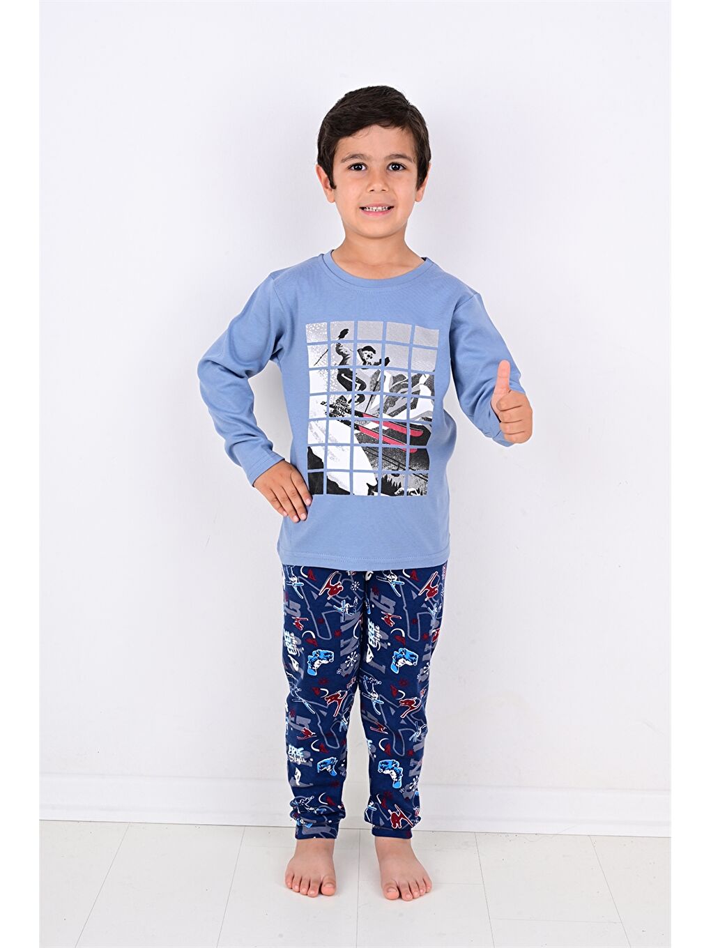 Mavi Bisiklet Yaka Baskılı Uzun Kollu Erkek Çocuk Pijama Takımı-1