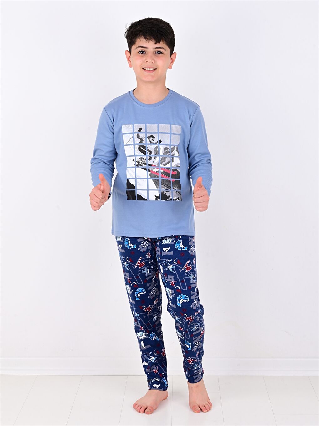 Mavi Bisiklet Yaka Baskılı Uzun Kollu Erkek Çocuk Pijama Takımı-2