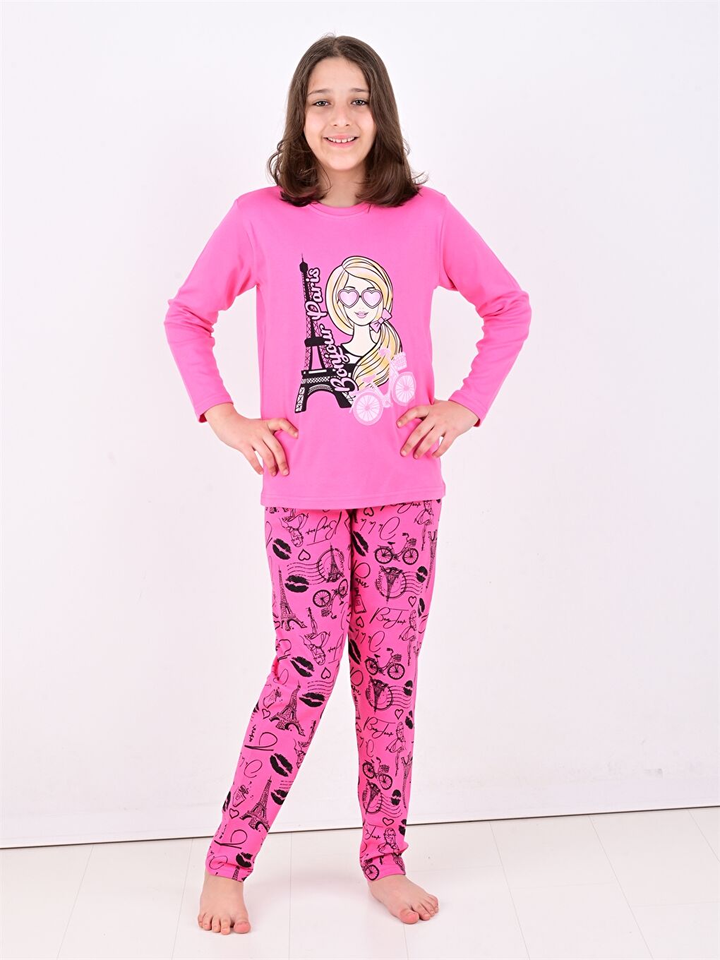 Fuşya Bisiklet Yaka Baskılı Uzun Kollu Kız Çocuk Pijama Takımı-1