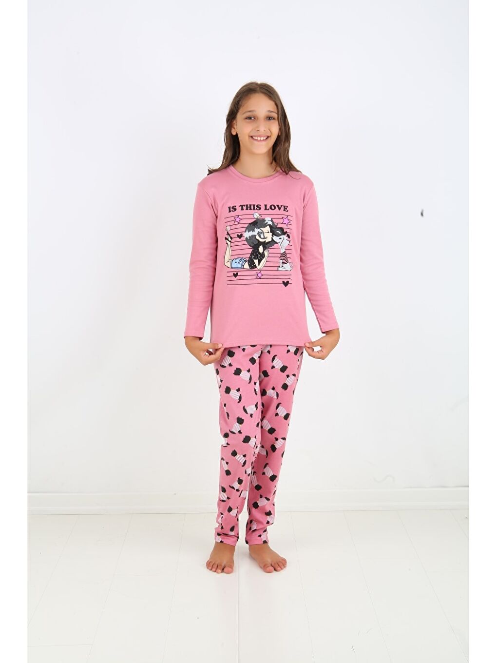 Pembe Bisiklet Yaka Baskılı Uzun Kollu Kız Çocuk Pijama Takımı-1