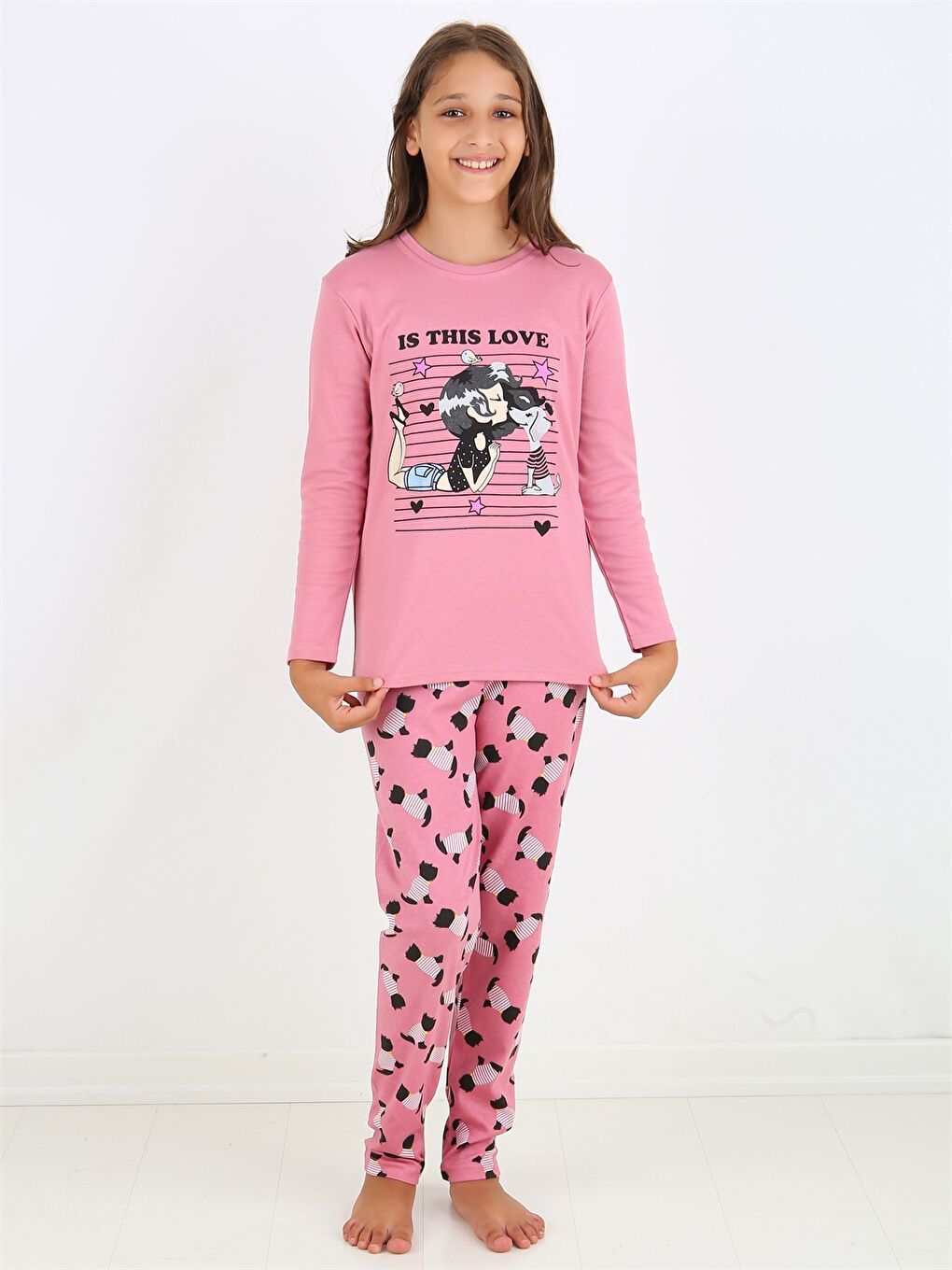 Pembe Bisiklet Yaka Baskılı Uzun Kollu Kız Çocuk Pijama Takımı-2