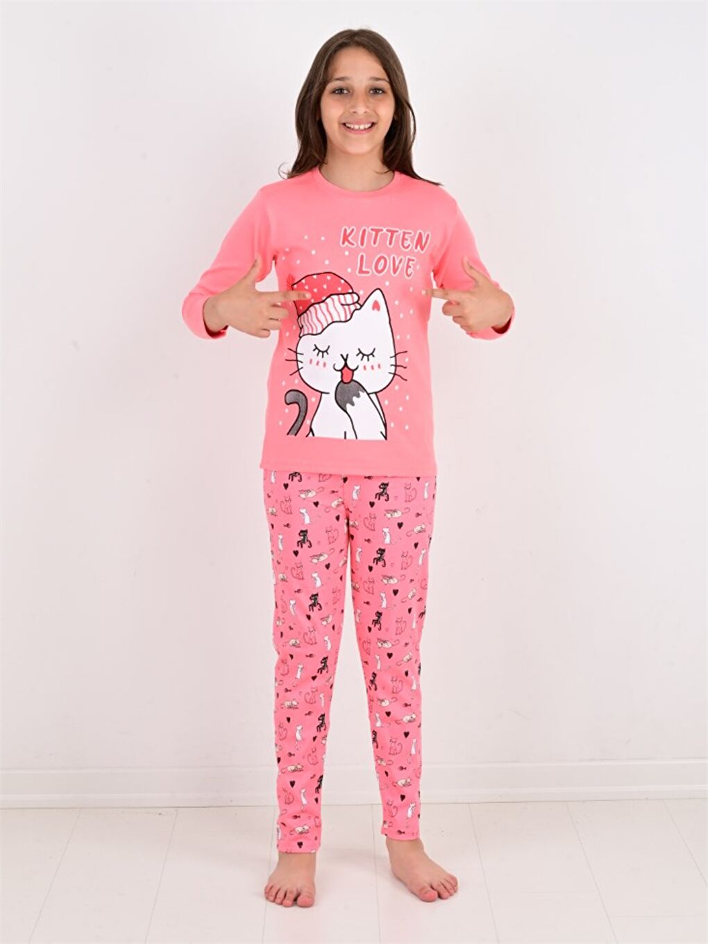 Pembe Bisiklet Yaka Baskılı Uzun Kollu Kız Çocuk Pijama Takımı