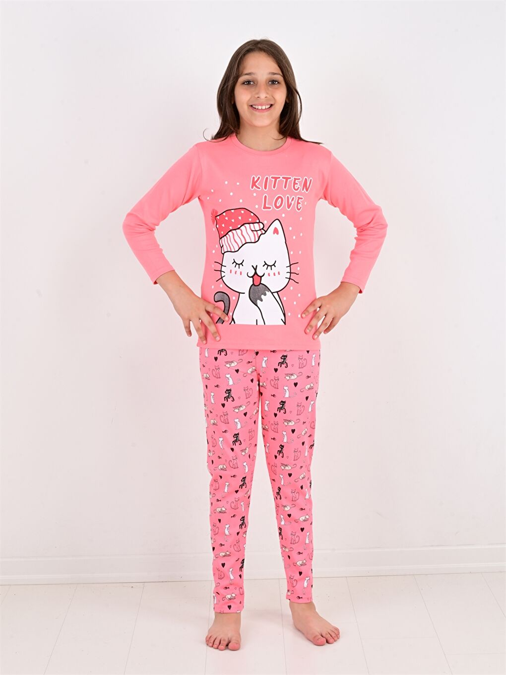 Pembe Bisiklet Yaka Baskılı Uzun Kollu Kız Çocuk Pijama Takımı-2