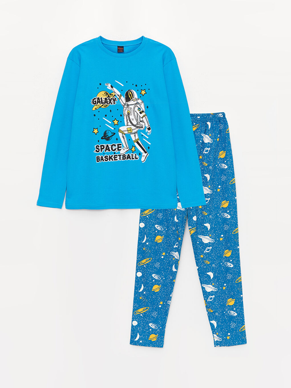 Turkuaz Bisiklet Yaka Baskılı Uzun Kollu Erkek Çocuk Pijama Takımı-1